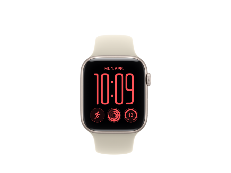 Apple Watch SE 3, Aluminiumgehäuse, Farbe Polarstern, gerundete Ecken, verbunden mit Sportarmband, Farbe Sand (Hellbraun)
