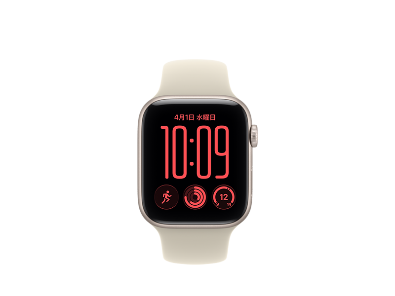 スターライトアルミニウムケースのApple Watch SE 3。丸みを帯びた四隅。サンド（淡いタン）のスポーツバンドが付いている