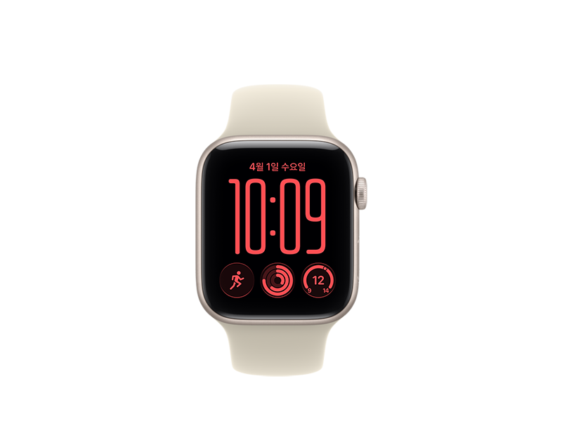 스타라이트 색상 알루미늄 케이스의 Apple Watch SE 3, 둥근 형태의 모서리, 샌드 색상(라이트 탠) 스포츠 밴드가 연결되어 있습니다.