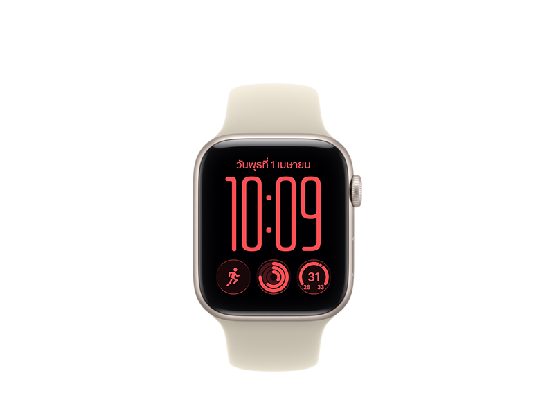 Apple Watch SE 3, ตัวเรือนอะลูมิเนียม, สีสตาร์ไลท์, มุมมน, เชื่อมต่ออยู่กับสายแบบ Sport Band, สีทราย (แทนอ่อน)