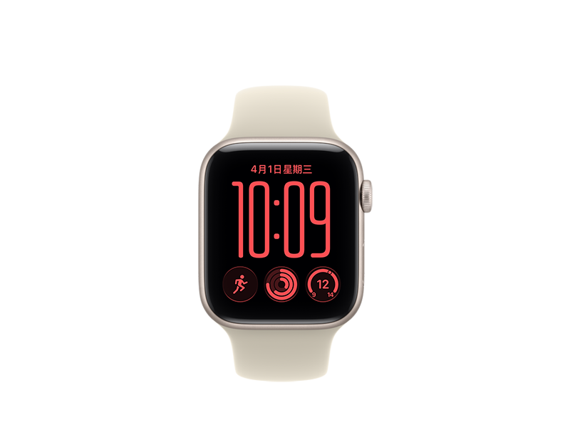 Apple Watch SE 3，展示星光色鋁金屬錶殼與圓角設計，搭配沙色 (淺小麥色系) 運動型錶帶