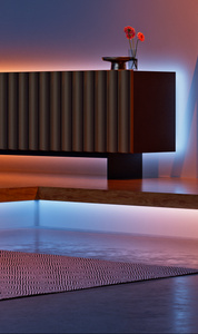 Nanoleaf Multicolor HD Lightstrip, illuminated, mounted behind a piece of furniture, in a darkened room setting
