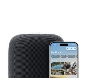 HomePod, midnight color; iPhone, Home app, My Home interface on screen