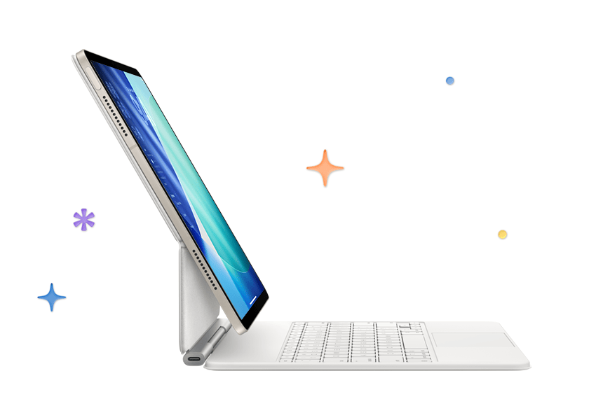 iPad Air, starlight colour, attached to Magic Keyboard, white colour, multicoloured stars and dots in background