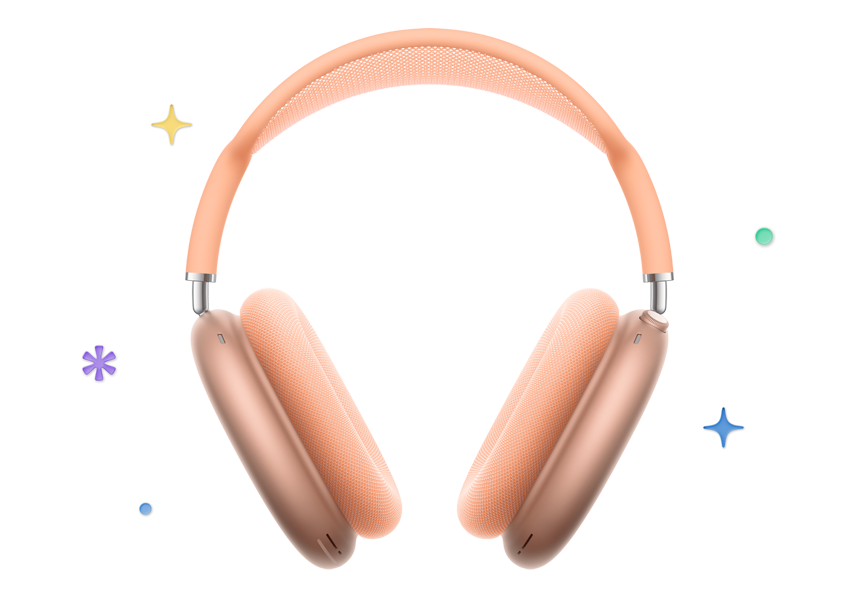AirPods Max trådløse lukkede hodetelefoner vises i fargen oransje, med flerfargede stjerner og prikker i bakgrunnen.