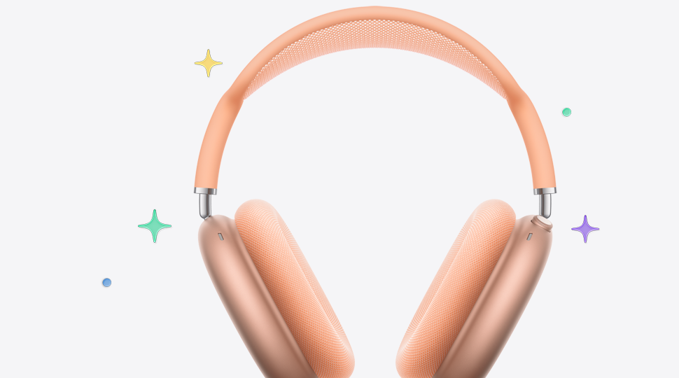 AirPods Max, wireless over-ear headphones, orange colour, multicoloured stars and dots in background