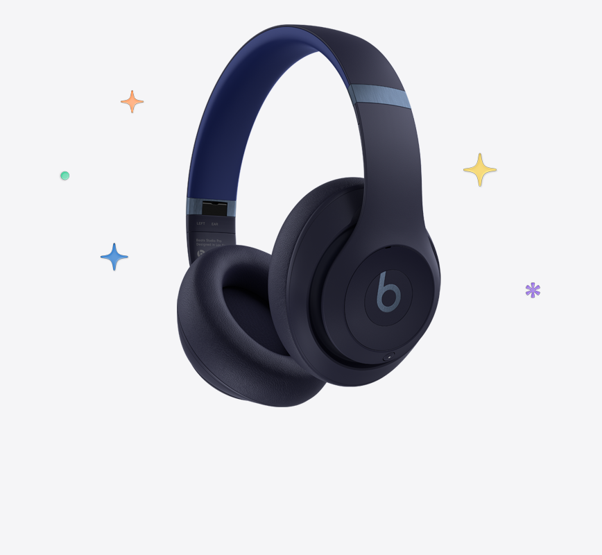 Beats Studio Pro Wireless Headphones, navy colour, multicoloured stars and dots in background