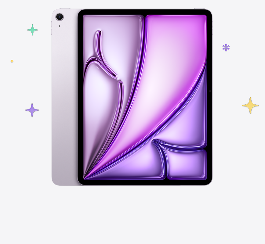 iPad Air, back exterior, purple color, front exterior, multicolored stars and dots in background