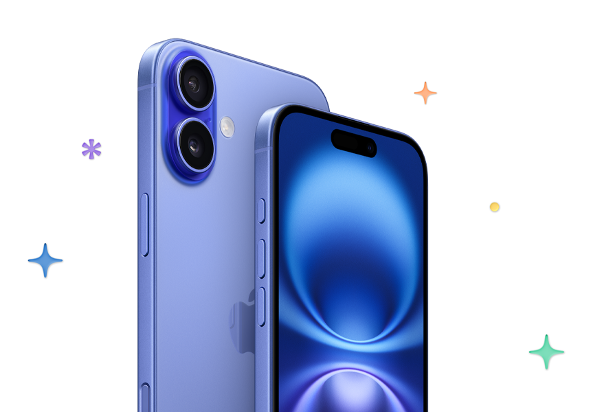 En iPhone 16 vises i fargen ultramarin, med flerfargede stjerner og prikker i bakgrunnen.