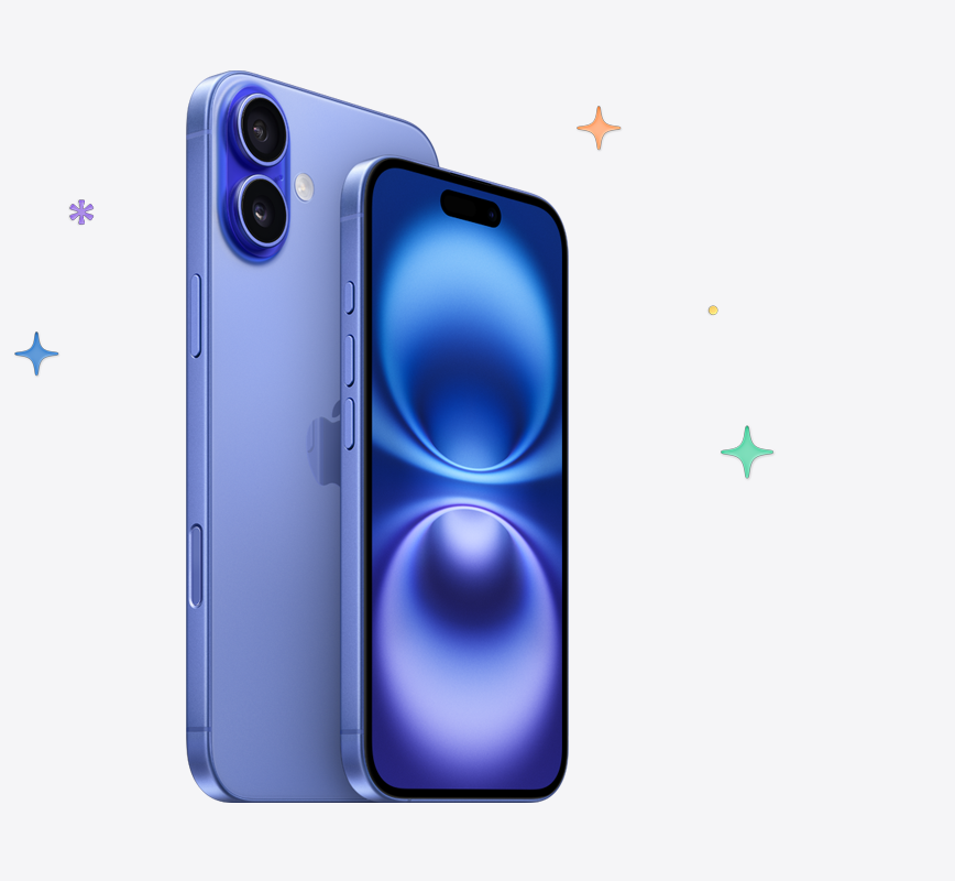 iPhone 16, ultramarine colour, multicoloured stars and dots in background