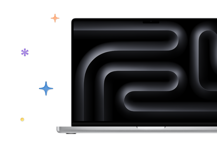 En MacBook Pro vises i fargen sølv, med et svart tastatur og flerfargede stjerner og prikker i bakgrunnen.