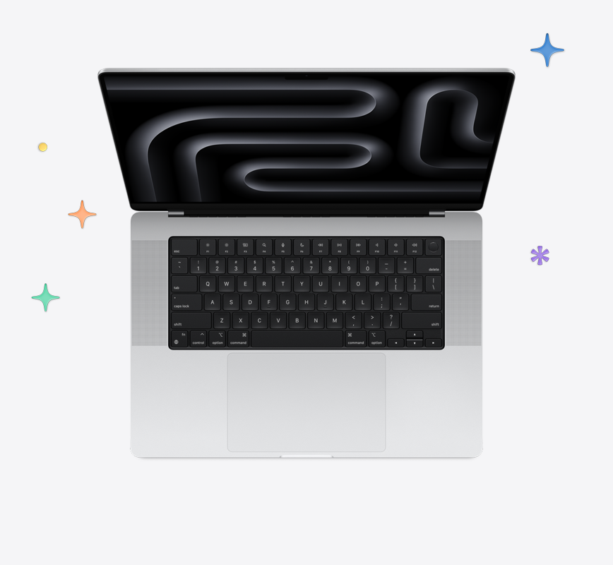 MacBook Pro, coloris argent, clavier noir, étoiles et points multicolores en arrière-plan