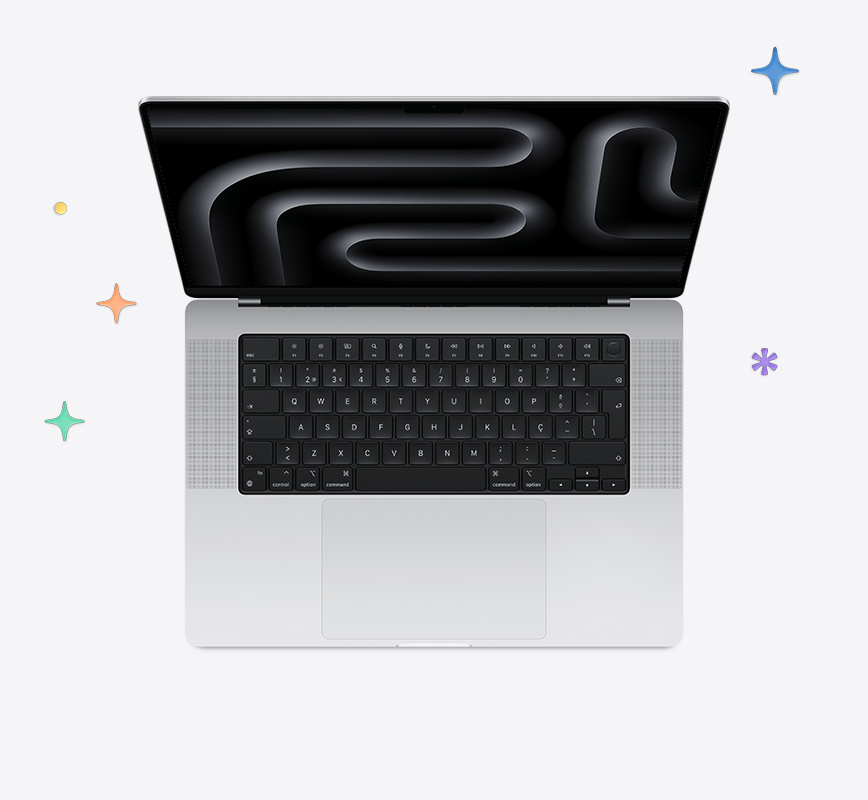 MacBook Pro prateado, teclado preto, estrelas e pontos multicoloridos em segundo plano