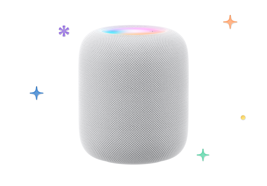 En hvit HomePod vises med flerfargede stjerner og prikker i bakgrunnen.