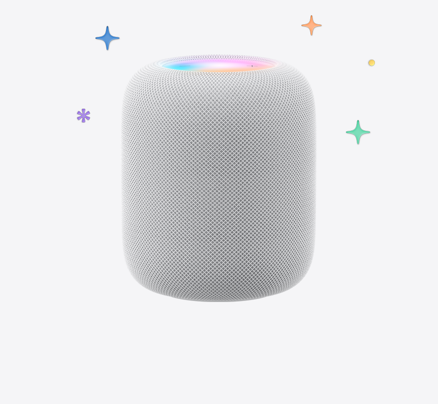 Vit HomePod, i bakgrunden finns flerfärgade stjärnor och prickar