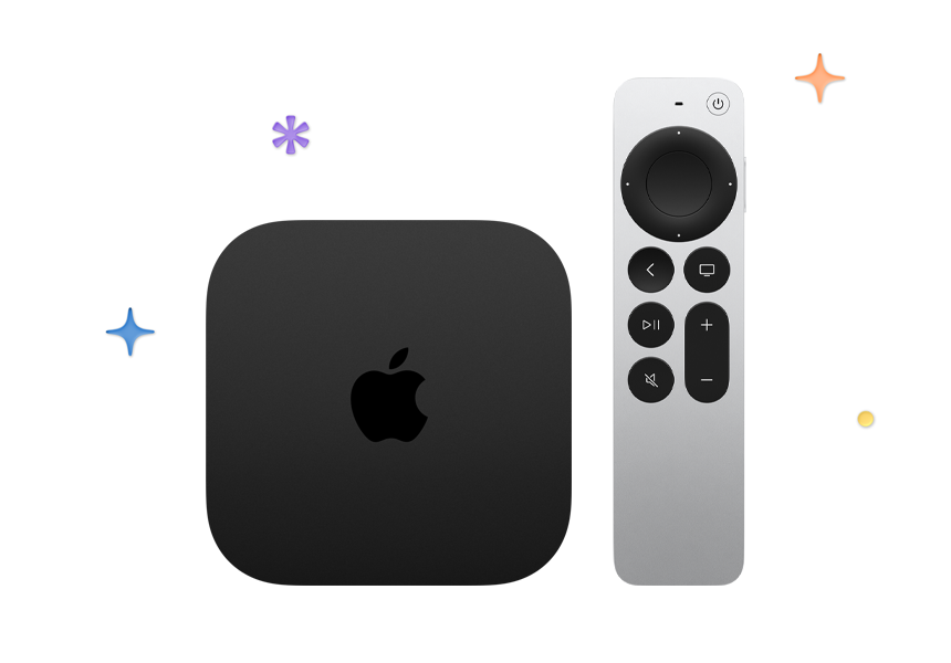 Vista superior da Apple TV 4K, formato quadrado, cor preta, logótipo Apple centrado, vista frontal do Siri Remote na cor prateado, clickpad tátil circular preto e botões em relevo, estrelas e pontos multicoloridos em segundo plano