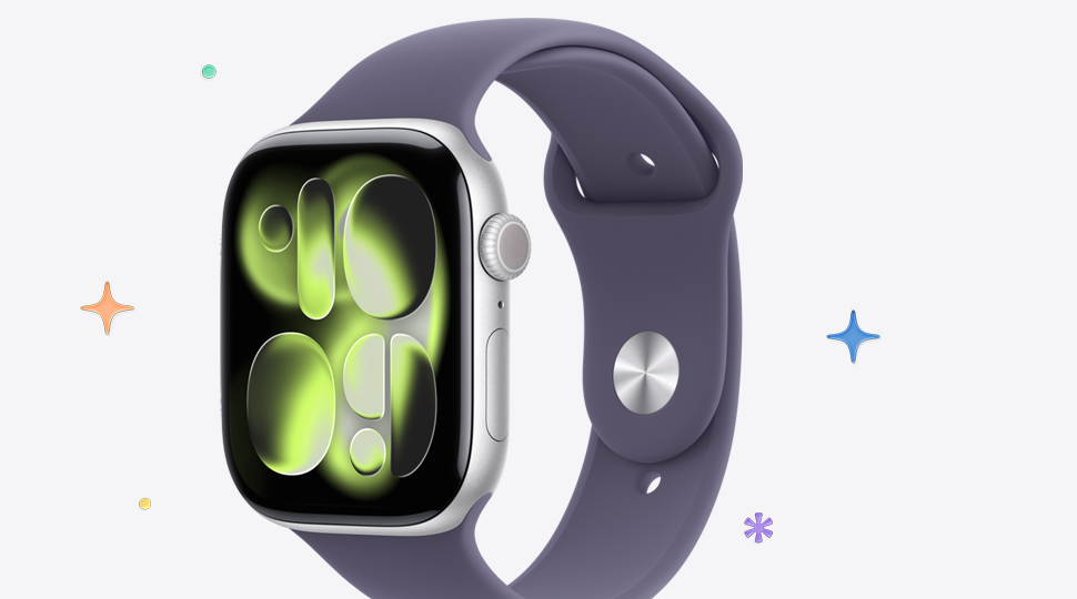 Apple Watch Series 11, sportband i färgen purpurdimma, aluminiumboett i silverfinish. I bakgrunden finns flerfärgade stjärnor och prickar
