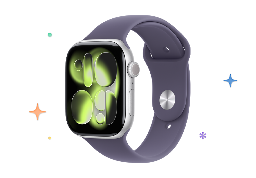 En Apple Watch Series 11 med urkasse av aluminium i sølv og Sport Band i fargen lilla dis, med flerfargede stjerner og prikker i bakgrunnen.
