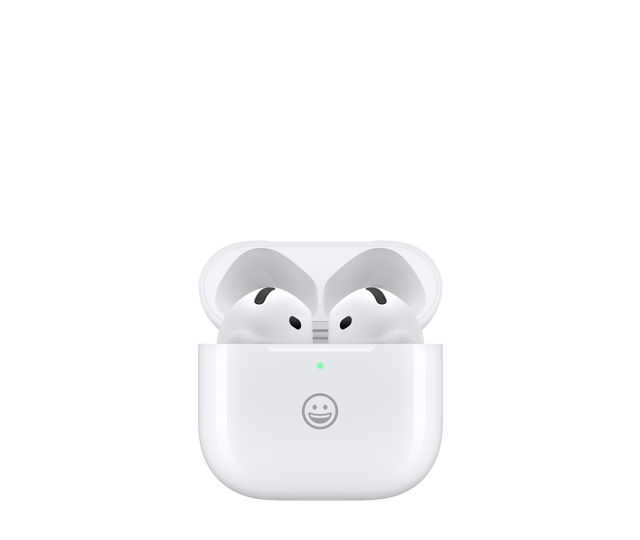 AirPods 4, front exterior, case lid open, white colour, earbuds with black speaker opening, MagSafe Charging Case, rounded case exterior, LED power indicator, engraving reads: happy face emoji