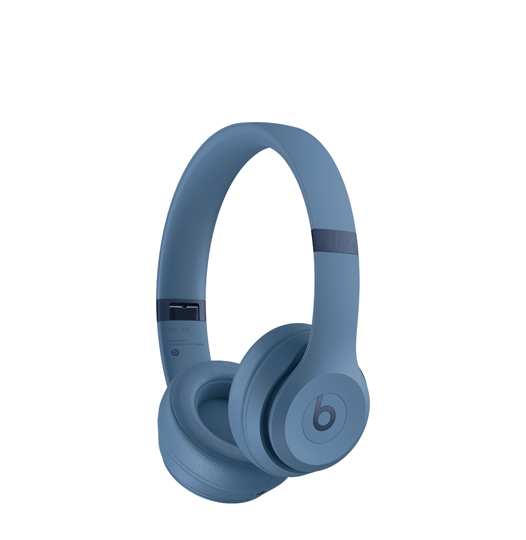 Beats Solo 4 wireless headphones, side exterior, slate blue colour, UltraPlus ear cushions, headband, Beats logo