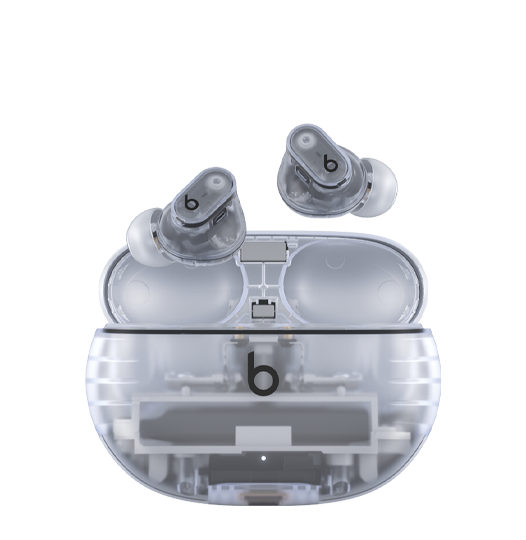 Beats Studio Buds + True Wireless Noise Cancelling Earphones, front exterior, transparent colour, charging case, Beats logo