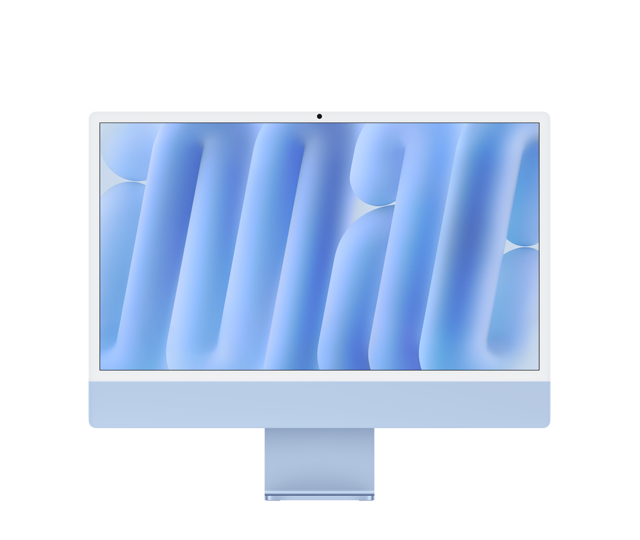 Blue iMac, front exterior, white display border, light blue display exterior and aluminium stand