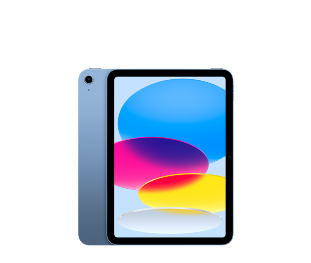iPad, back exterior, blue colour, single-lens camera, front exterior, thin black bezel, all-screen display