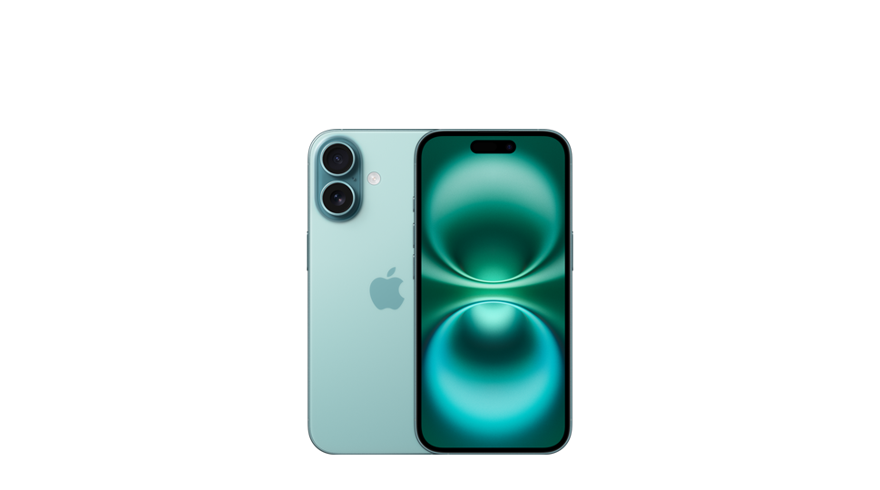 iPhone 16, back exterior, teal colour, dual-camera system in top left corner, centred Apple logo, front exterior, all-screen design, front camera, thin black display border