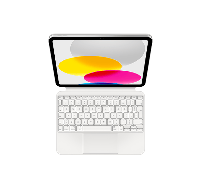 Widziany z góry iPad w kolorze srebrnym podłączony do klawiatury Magic Keyboard Folio w kolorze białym, białe klawisze z szarym tekstem, klawisze strzałek w układzie odwróconego „T”, rząd klawiszy funkcyjnych, wbudowany gładzik