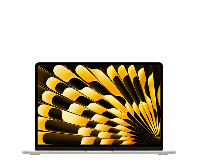 MacBook Air, front exterior, open lid, starlight colour, full-screen design