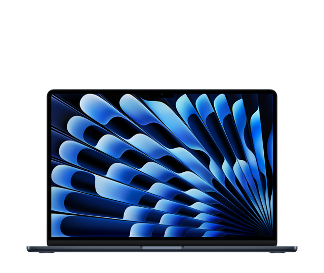 MacBook Air, front exterior, open lid, midnight colour, full-screen design