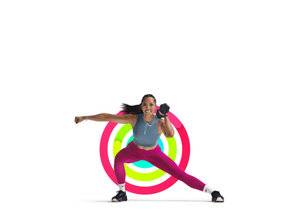 Apple Fitness+ trainer, in a side lunge, one arm flexed with dumbbell, one arm extended, in front of completed Activity rings