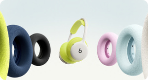 سماعات الرأس Beats 360 بلون أبيض الغيوم مع بطانة Performance Knit بلون فولت نيون بجانب غطاء الأذنين Performance Knit بألوان فولت نيون وبحري وأسود ووردي وأزرق سماوي وأبيض الغيوم.