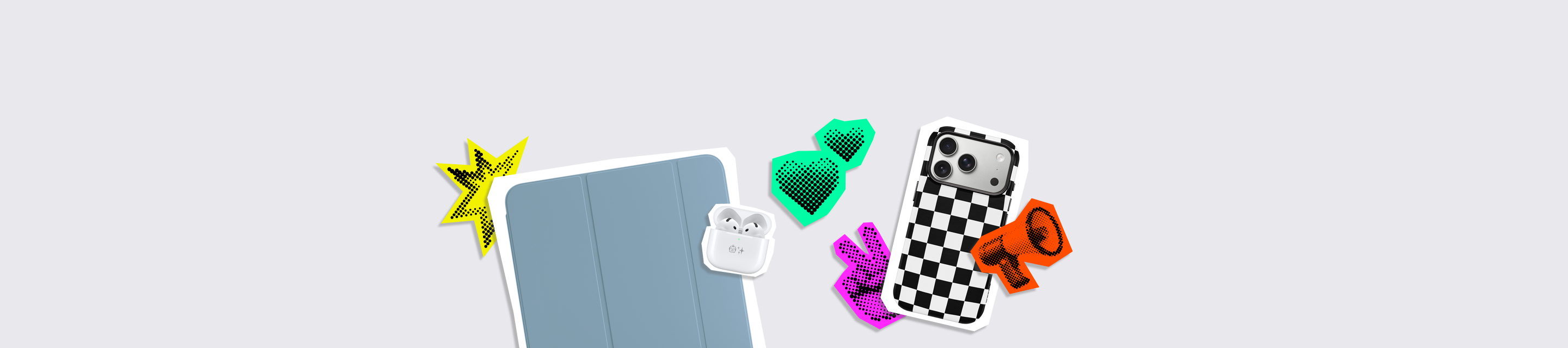 Shop University Essentials, Essentials text highlighted; Accessories: iPad Smart Folio in denim colour (light blue), AirPods 4 with Noise Cancellation, white, engraving on MagSafe Case lid, open, iPhone 17 Pro in mophie chequerboard case; stickers: double-heart, peace sign, megaphone, firecracker