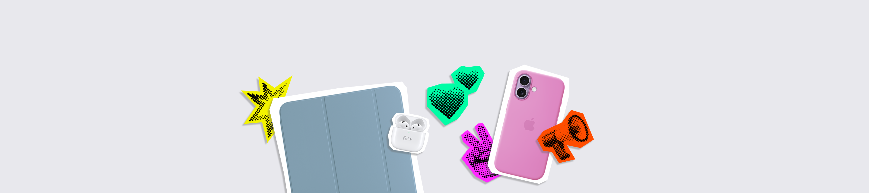 Shop University Essentials, Essentials text highlighted; Accessories: iPad Smart Folio in denim colour (light blue), AirPods 4 with Noise Cancellation, white, engraving on MagSafe Case lid, open, iPhone 17 Pro in mophie chequerboard case; stickers: double-heart, peace sign, megaphone, firecracker