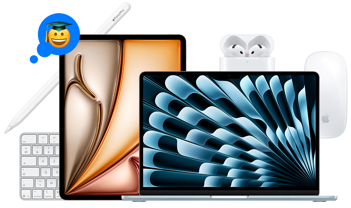 Produits ˰91Ƶavec une réaction Tapback : Genmoji, personne diplômée qui sourit, iPad Air 13 pouces, Apple Pencil Pro, Magic Mouse blanche, Magic Keyboard blanc, AirPods 4, MacBook Air 13 pouces bleu ciel
