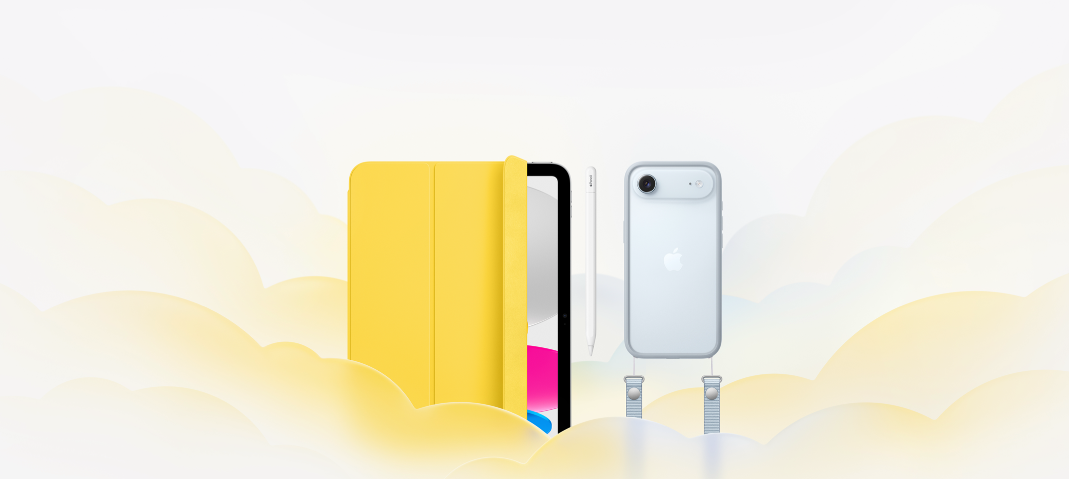 Apple products: iPad with Smart Folio cover, lemonade colour, Apple Pencil Pro, white colour, iPhone Air, sky blue colour, paired with iPhone Air Bumper and Cross Body Strap in light blue colour, surrounded by translucent blue and orange clouds