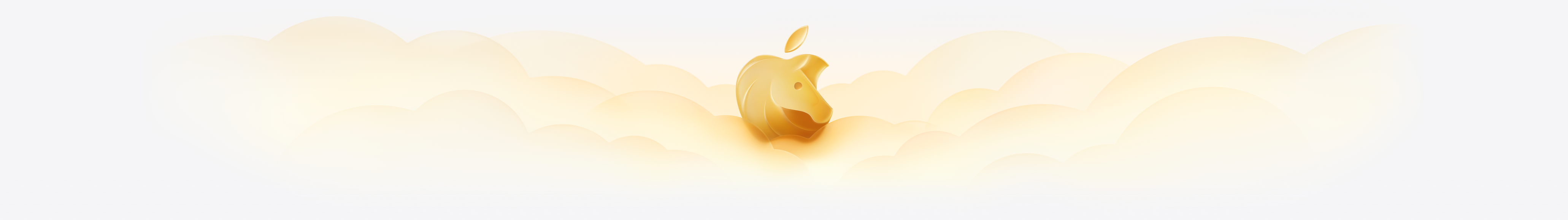 Apple 标志，内含马头图案，鬃毛向后飞扬；标志呈现由浅至深的金色渐变效果，周围环绕着半透明金色云朵。