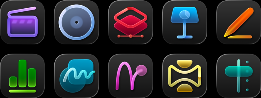 Image 7: Apple Creator Studio app icons, Final Cut Pro, Logic Pro, Pixelmator Pro, Keynote, Pages, Numbers, Freeform, Motion, Compressor, MainStage