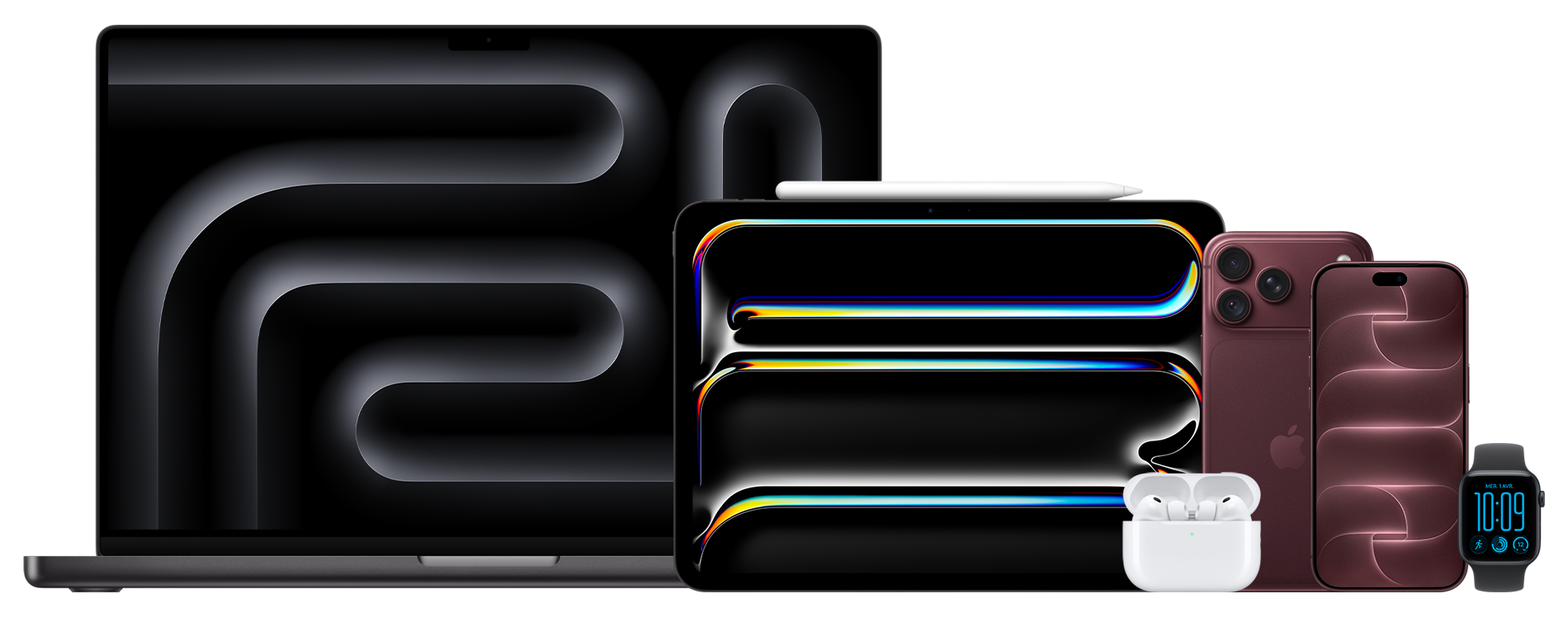 Appareils Apple : MacBook Pro, iPad Pro avec Apple Pencil fixé, AirPods Pro, iPhone 18 Pro Max, iPhone 18 Pro, Apple Watch