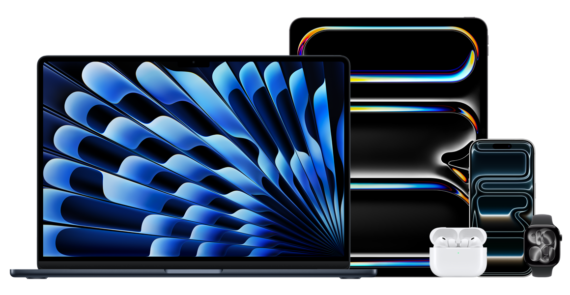 Apple devices, MacBook, iPad with all screen design, AirPods in case, iPhone 17 Pro front with all screen design and Dynamic Island, Apple Watch