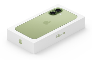 Nieuwe iPhone&nbsp;17 in doos, vanaf de bovenkant is de achterkant van de iPhone te zien met Dual&nbsp;Fusion-camerasysteem en Apple&nbsp;logo in het midden, kleur saliegrijs, korte kant van de doos met Apple&nbsp;logo in bijpassende kleur, lange kant van de doos met de tekst ‘iPhone’ in bijpassende kleur
    