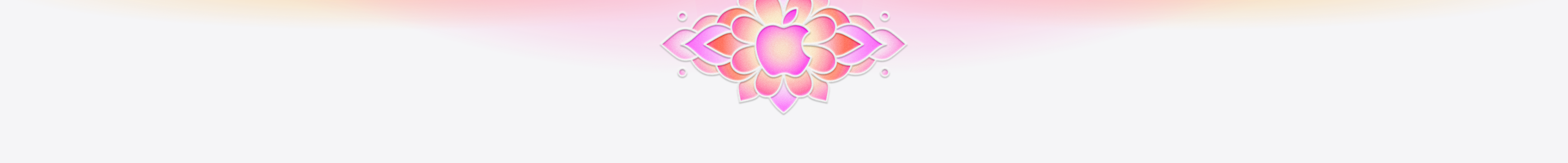 Apple logo with a pink radial gradient, surrounded by rangoli patterns with orange and pink gradients