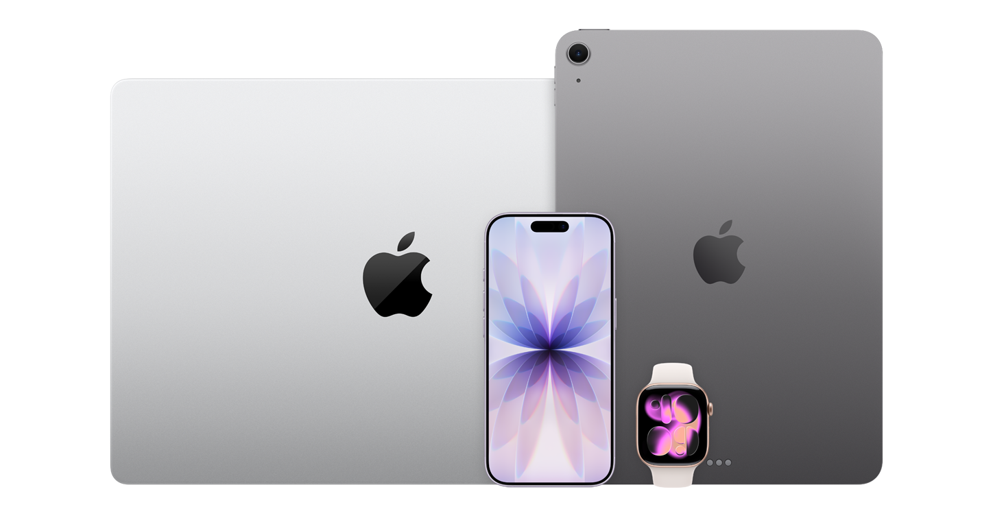 Apple devices: MacBook Pro, iPhone 17, iPad Air, Apple Watch