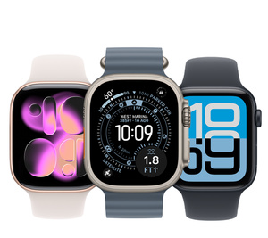 Apple Watch Series 11, aluminum case, rose gold color, Sport Band, light blush color, Apple Watch Ultra 3, titanium case, natural color, Ocean Band, anchor blue color, Apple Watch SE 3, midnight color, Sport Band, midnight color