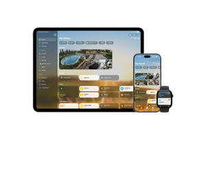 HomePod color medianoche y iPhone cuya pantalla muestra la interfaz Mi casa de la app Casa