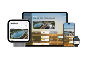 HomePod, midnight color; iPhone, Home app, My Home interface on screen