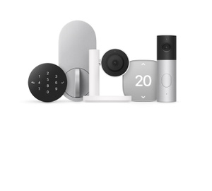 Apple Home accessories: smart deadbolt lock, indoor plug-in camera, smart thermostat, wired video doorbell