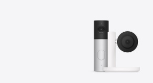 Home accessories: cylindrical smart camera with circular base and upright stem, wired video doorbell