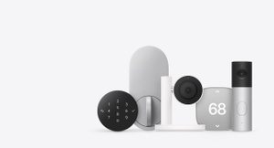 Apple Home accessories: smart deadbolt lock, indoor plug-in camera, smart thermostat, wired video doorbell